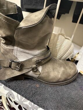 Women's Distressed Gray Heeled Ankle Boots with Buckle Detail